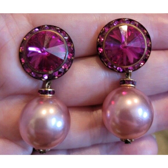 Huge Pink Rhinestone Bobble Faux Pearl Statement HOT PINK Pierced Earrings - Picture 7 of 9